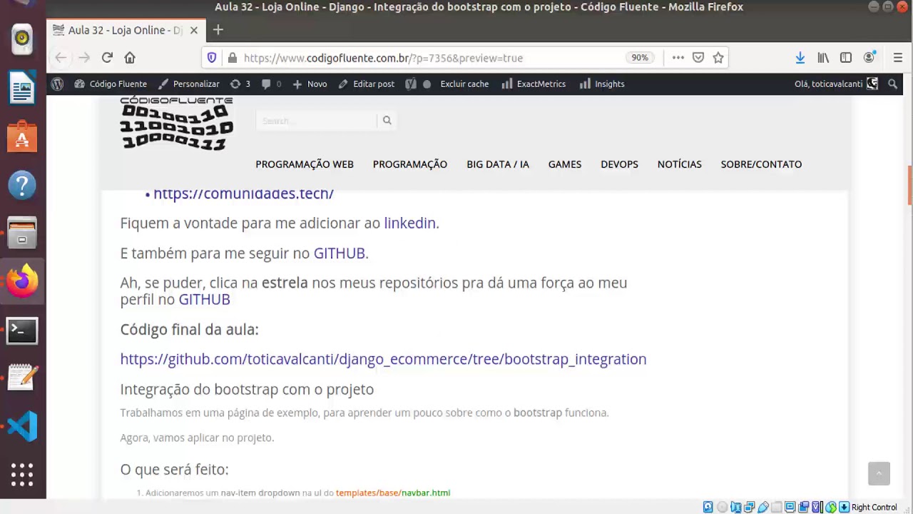 Aula 32 - Loja Online - Django - Integração do bootstrap com o projeto